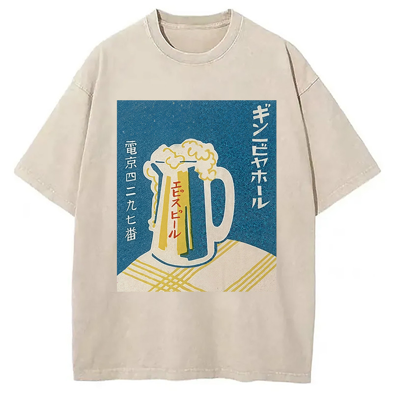 Japanese Vintage Beer Mug Washed T-Shirt Funny Aesthetic Trendy Apparel Gifts For Friends