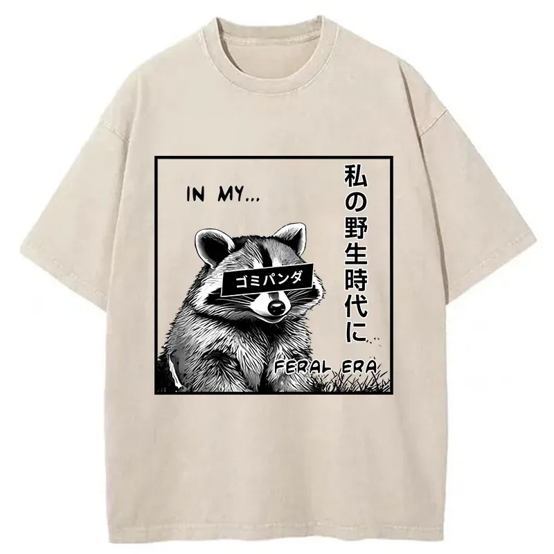 Japanese Wild Raccoon Washed T-Shirt Retro Streetwear Graphic Top Gifts For Friends