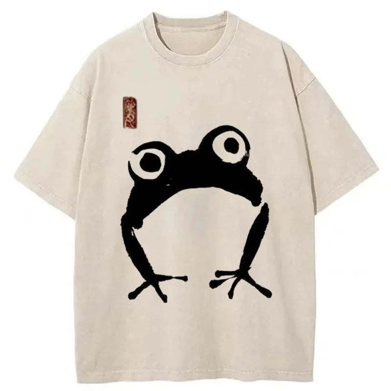 Japanese Woodblock Print Frog Washed T-Shirt Retro Humor Outfit Idea Gifts For BFF