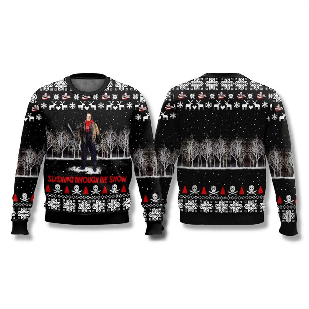Jason Voorhees Slashing Through The Snow Ugly Sweater Fan Merch Christmas Gift Ideas For Him