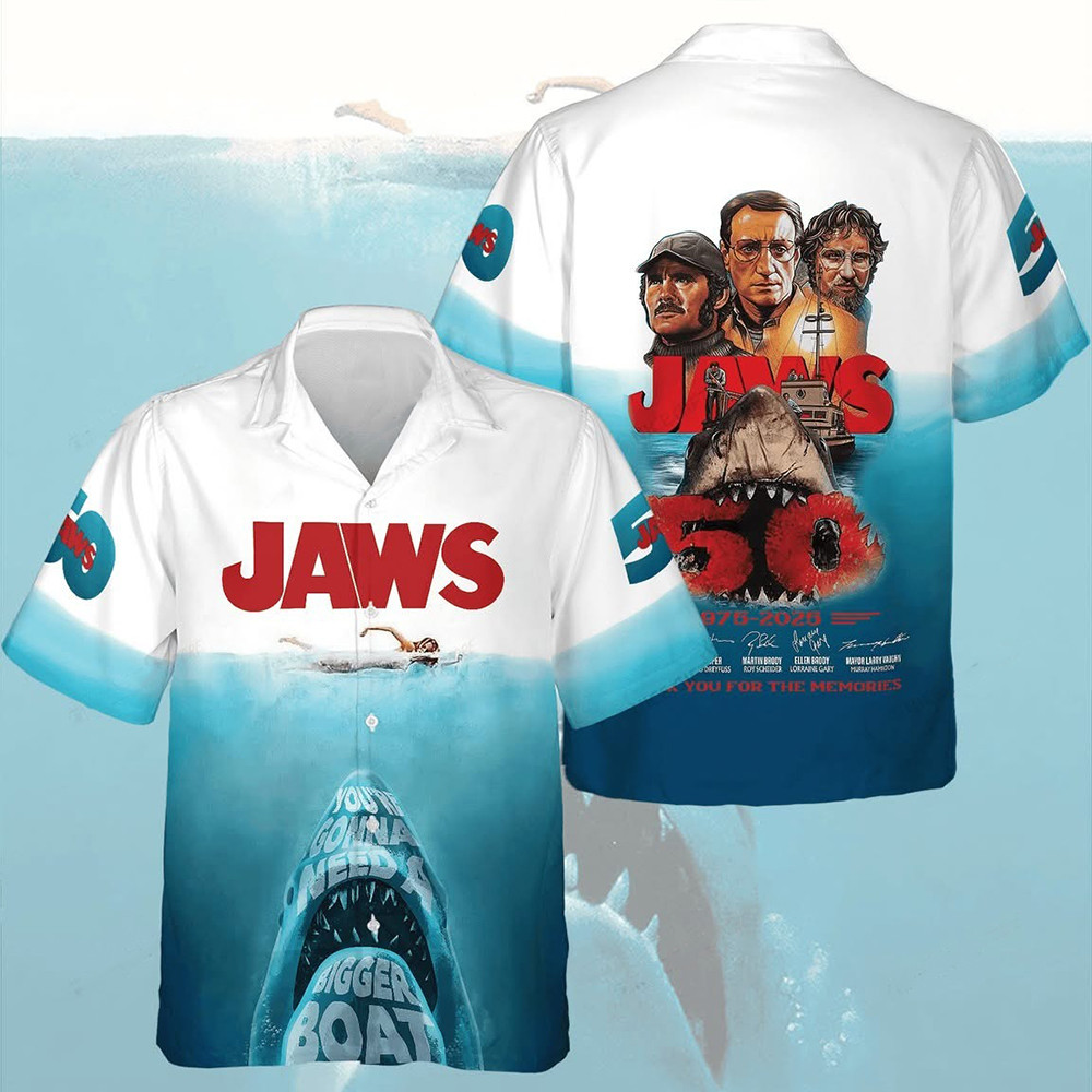 Jaws 50Th Anniversary 1975 2025 Hawaiian Shirt Thank You For The Memories Fan Jaws Merch