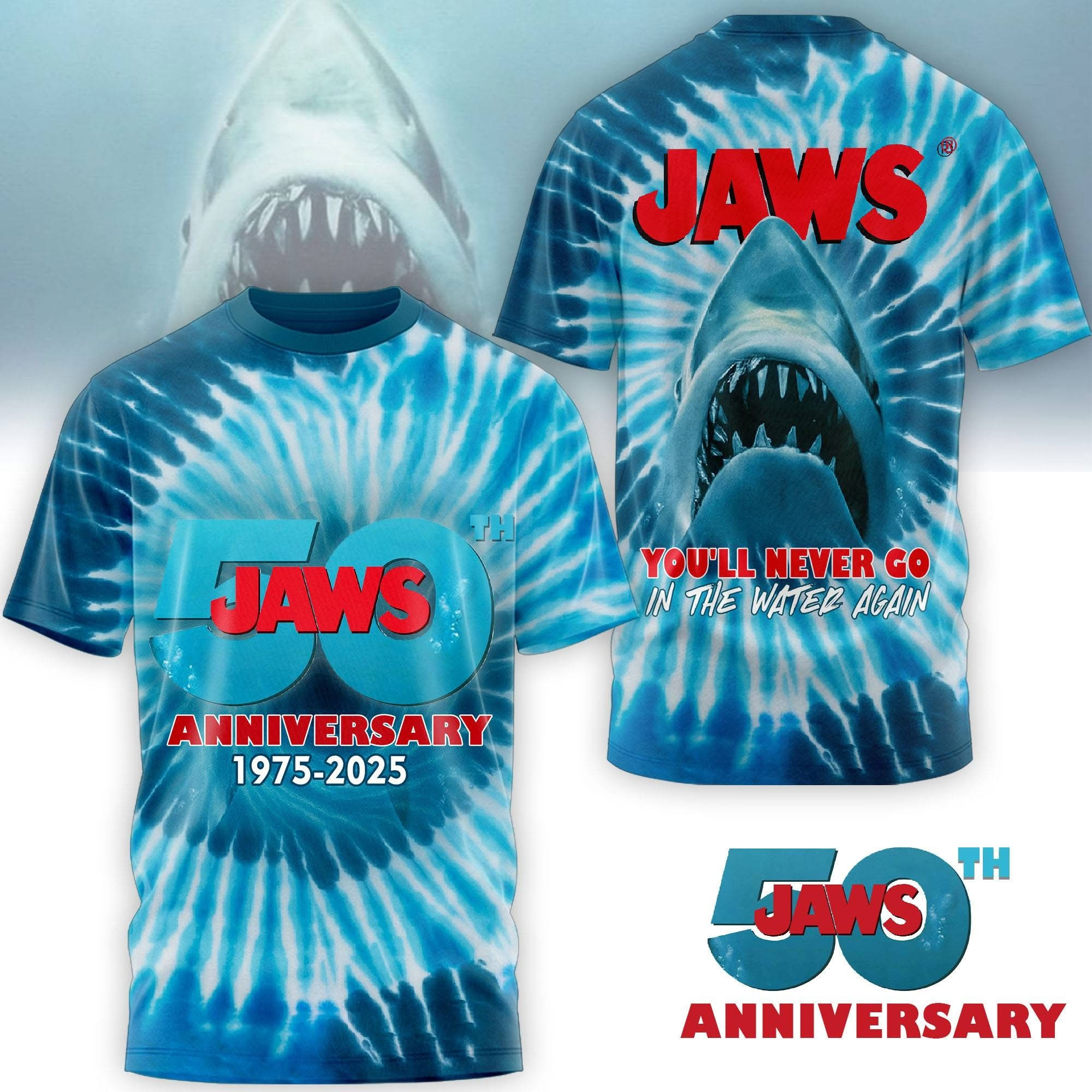 Jaws 50Th Anniversary 1975 2025 T-Shirt You'll Never Go In The Water Again Movie Jaws Merch