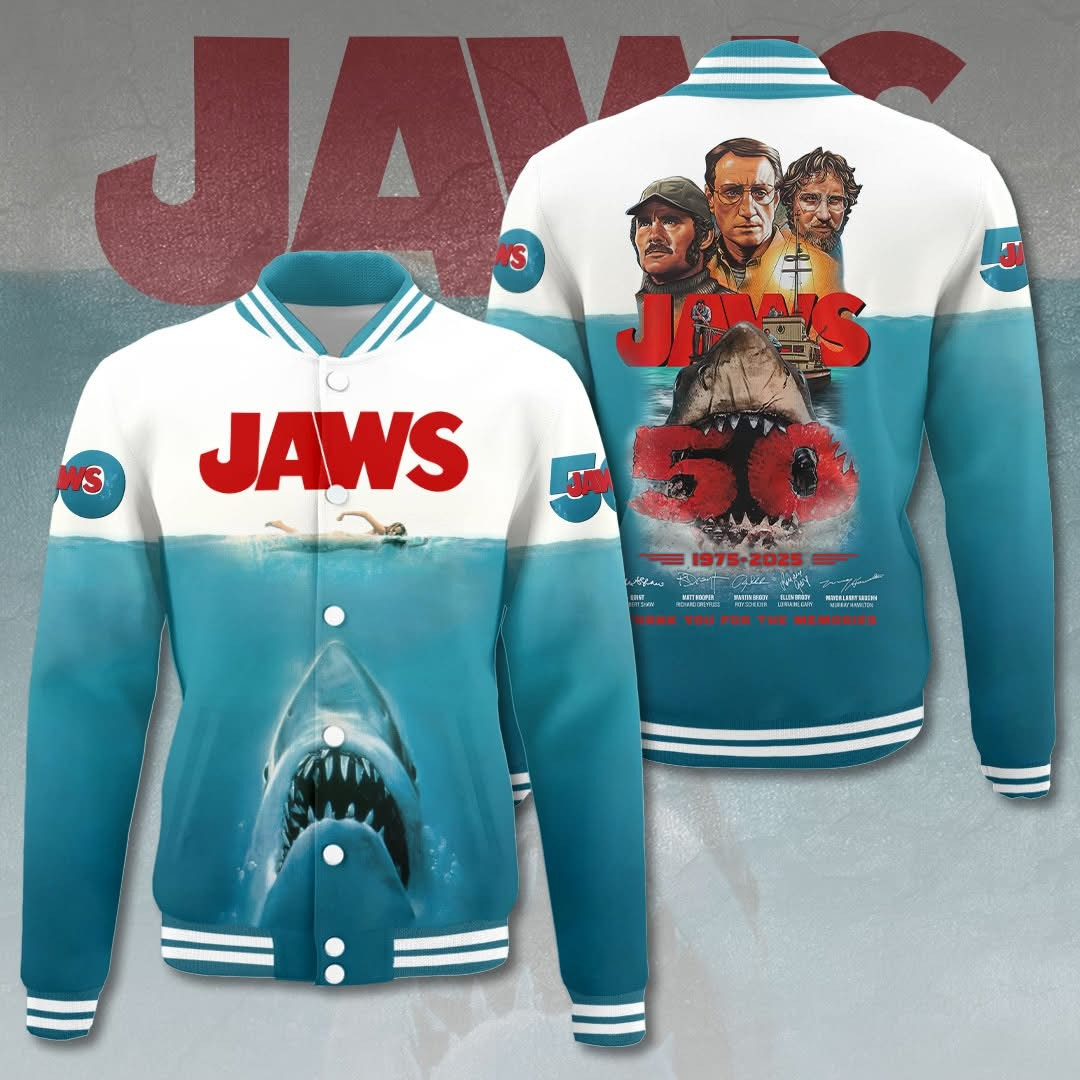 Jaws 50Th Anniversary 1975 2025 Varsity Jacket Thank You For The Movies Jaws Fan Merch