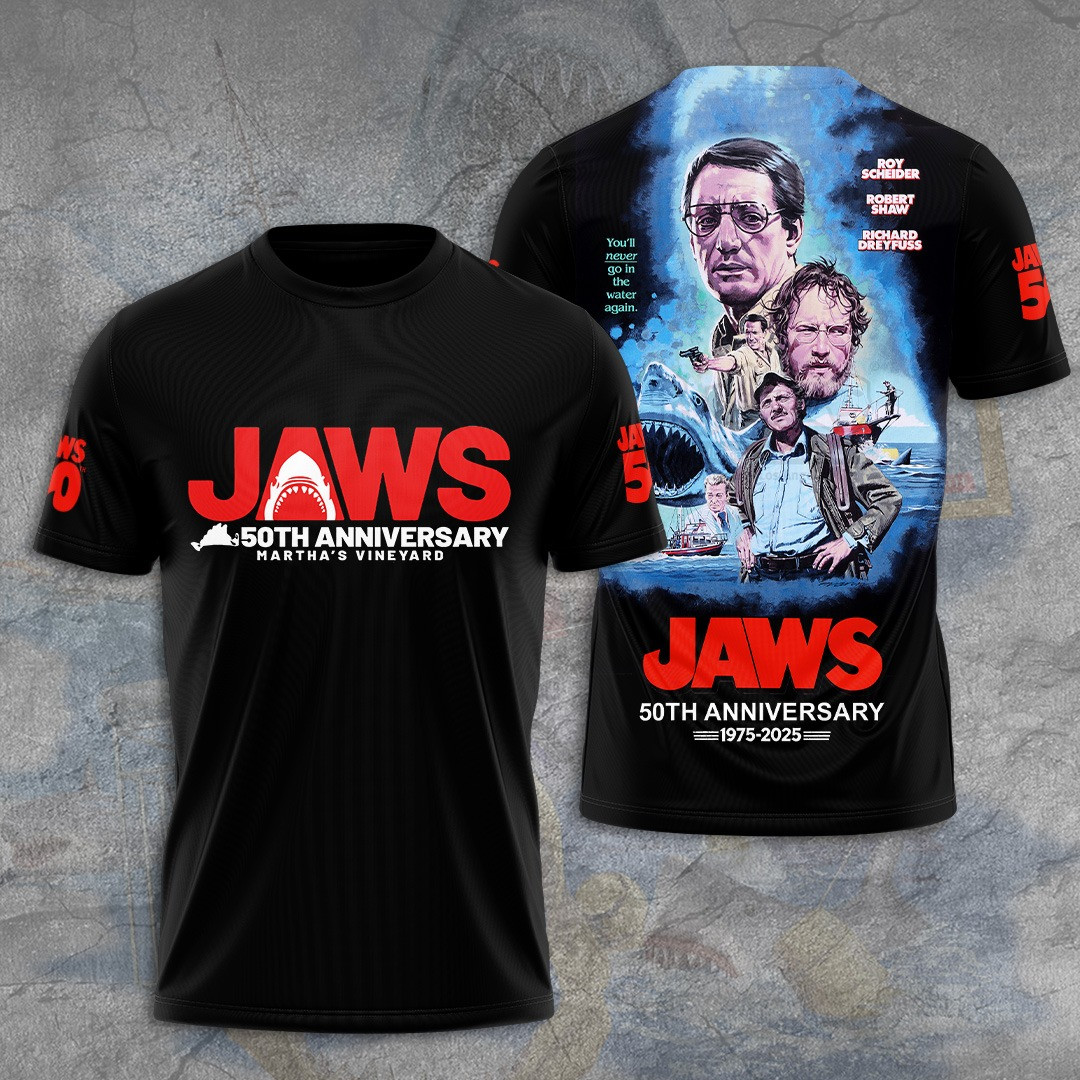 Jaws 50th Anniversary Martha's Vineyard 1975 2025 T-Shirt Movie Related Gifts For Guys