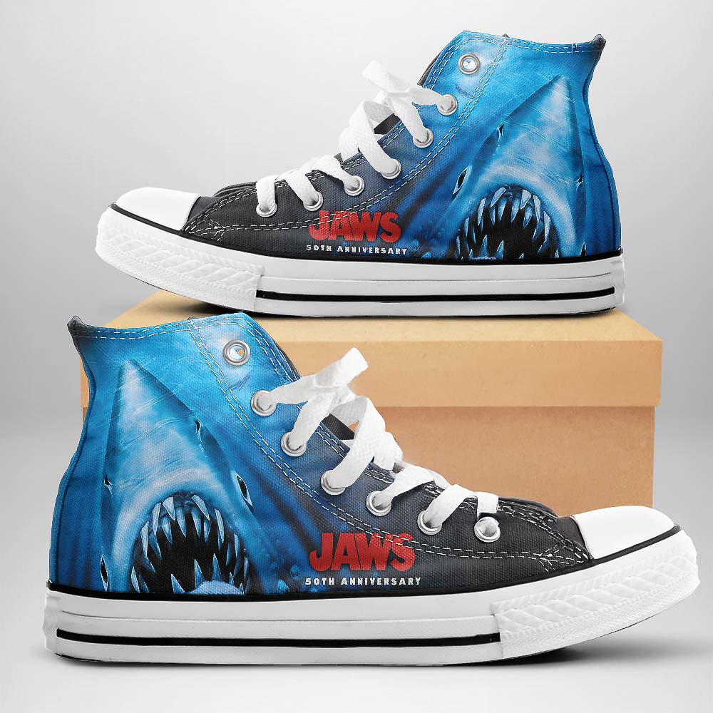 Jaws 50th Anniversary Movie High Top Canvas Shoes Best Gifts For Movie Fans