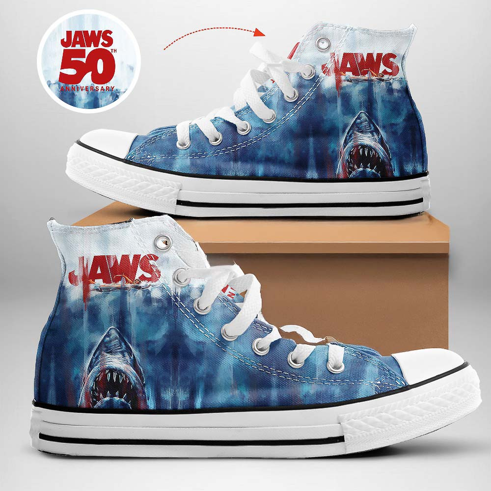 Jaws 50th Anniversary Movie High Top Canvas Shoes Cool Gifts For Movie Fans