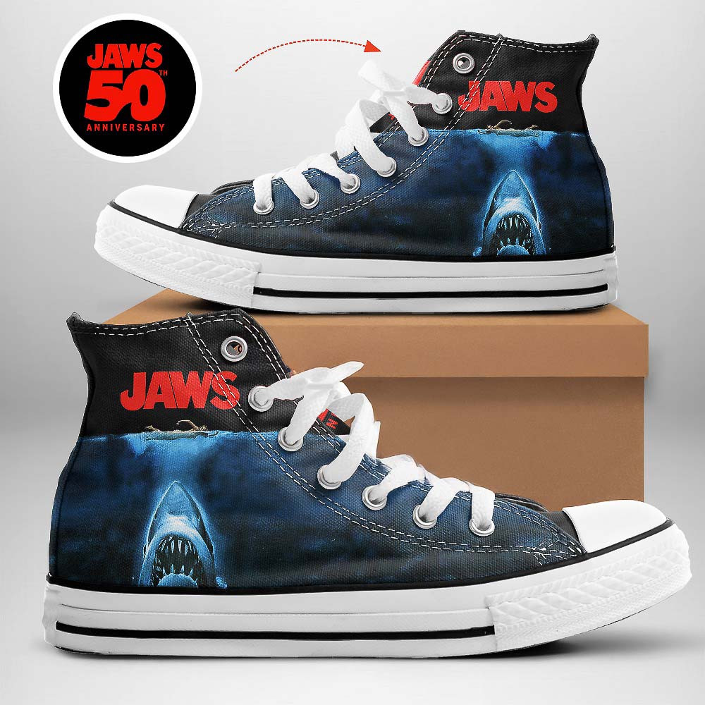 Jaws 50th Anniversary Movie High Top Canvas Shoes Present Gifts For Movie Fans