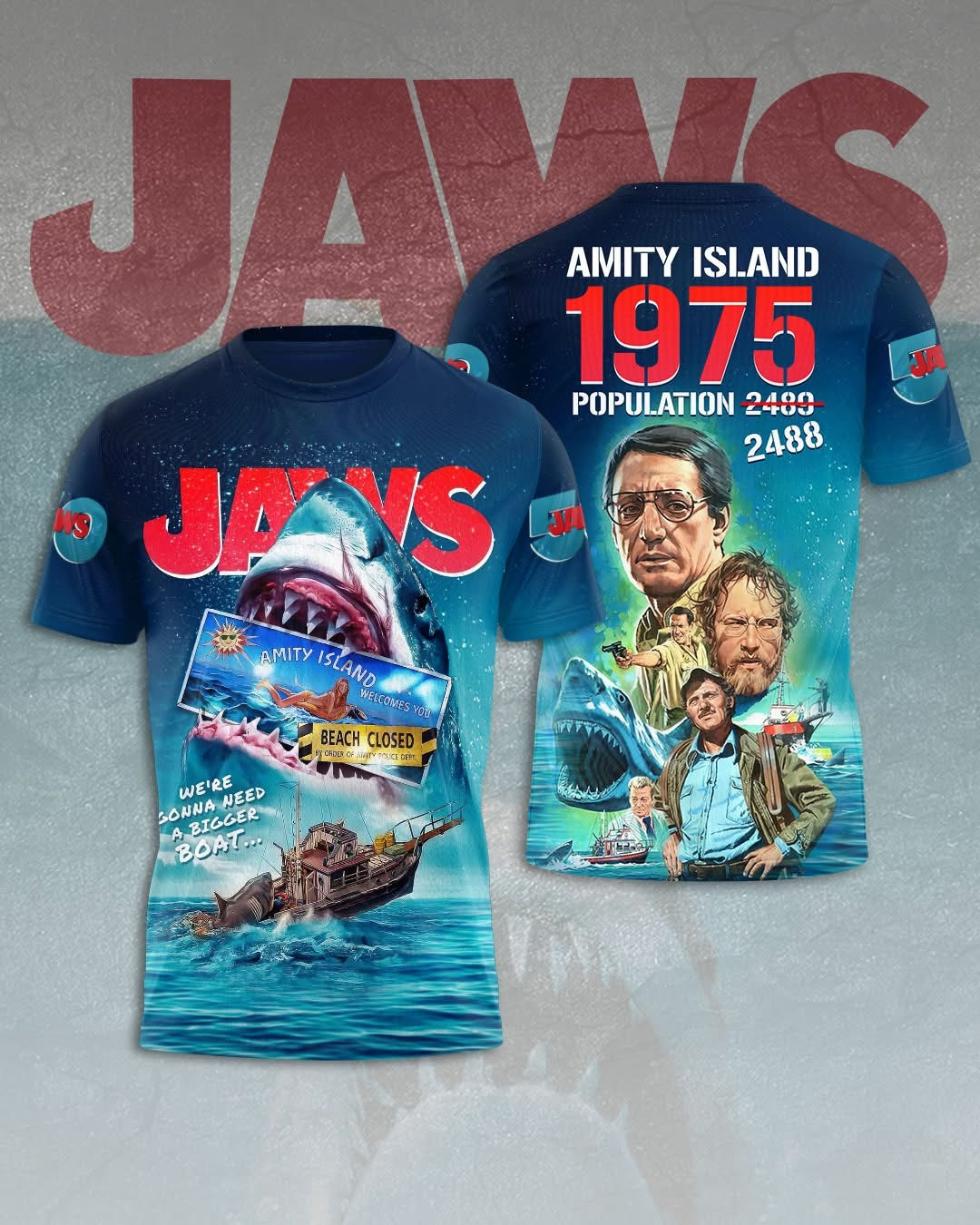 Jaws Amity Island 1975 Population 2488 T-Shirt Mens Movie Jaws Fan Merch Gifts