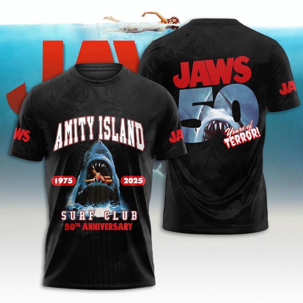 Jaws Amity Island 50th Aniversary 1975-2025 T-Shirt Movie Gift Ideas For Guys