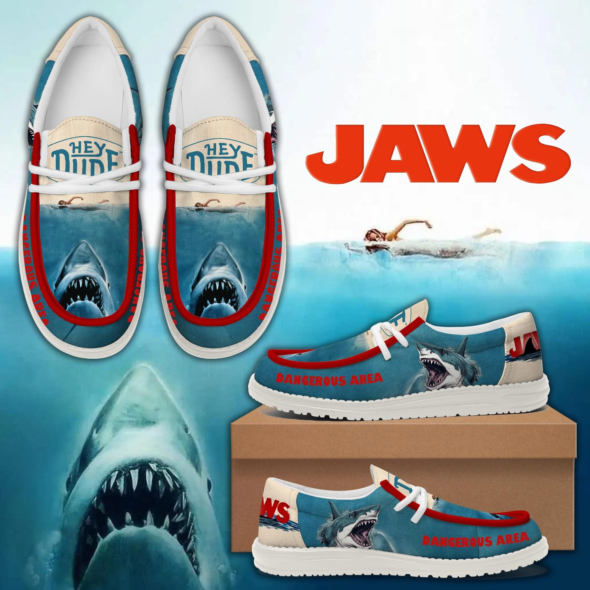 Jaws Dangerous Area Casual Shoes Sneakers Merch Themed Movie Gifts For Jaws Fans
