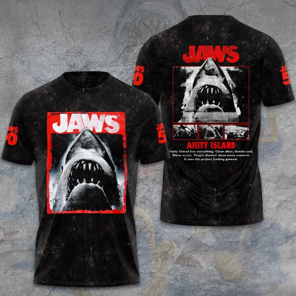 Jaws Killer Shark Amity Island 50Th Anniversary 1975 2025 T-Shirt Themed Jaws Merch