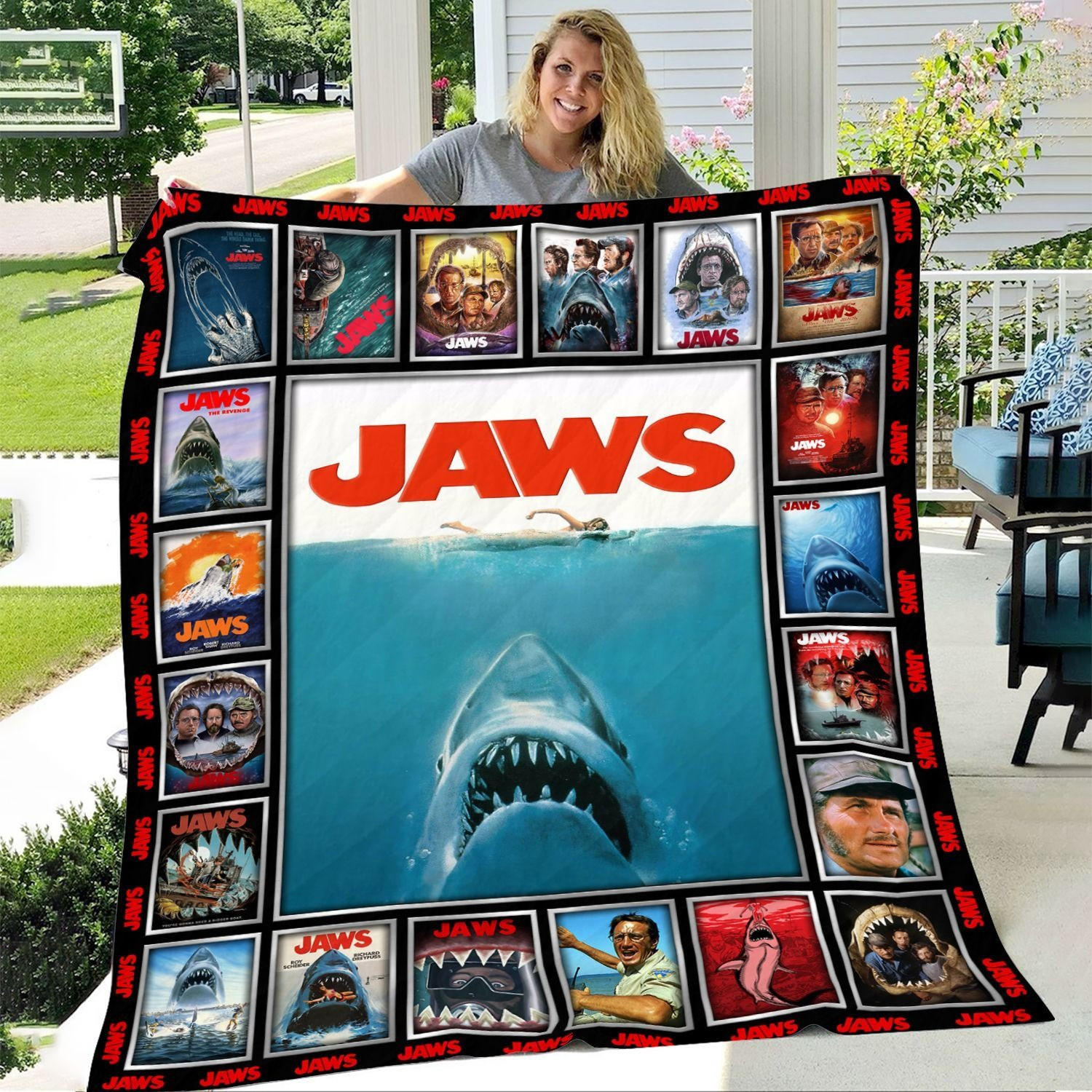 Jaws Movie Poster Quilt Blanket Classic Shark Film Gift For Home Decor