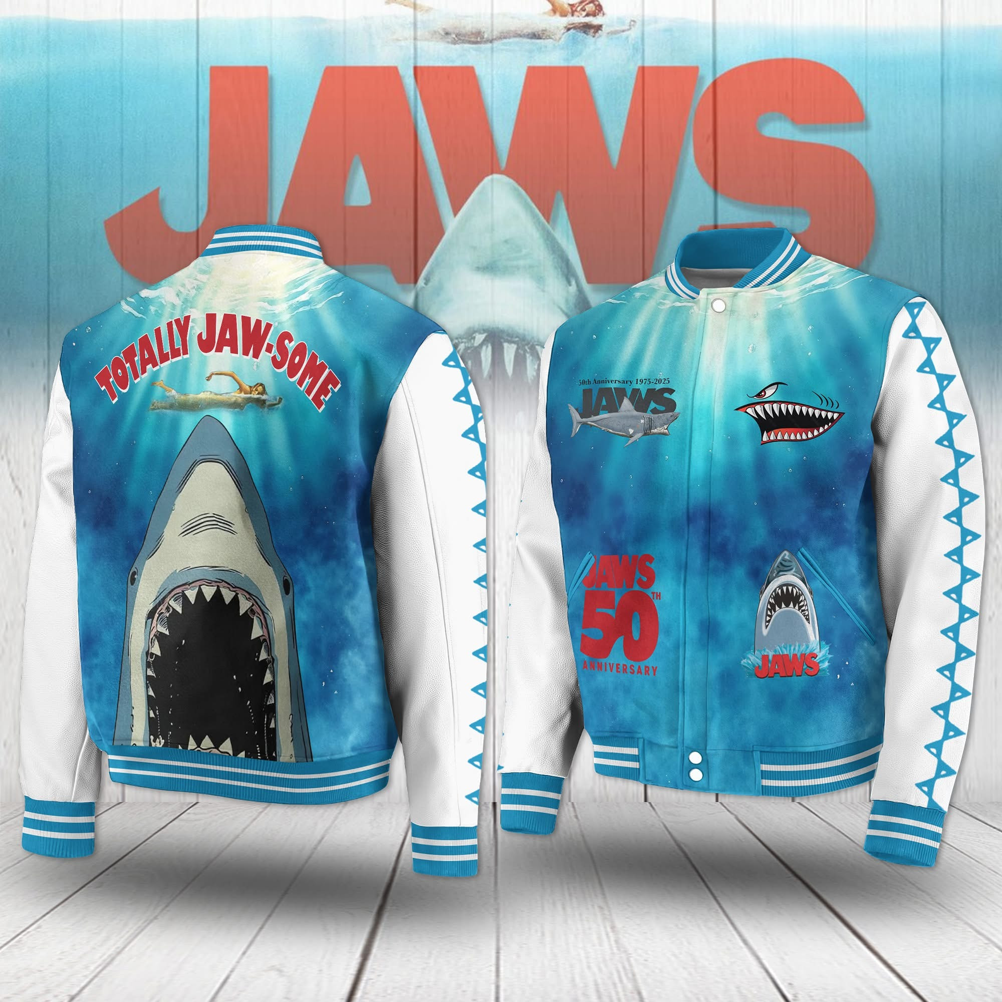 Jaws Totally Jaw-Some 50Th Anniversary 1975 2025 Varsity Jacket Movie Jaws Fan Merch