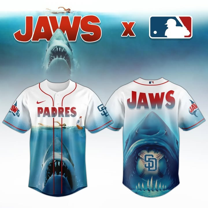 JAWS x San Diego Padres Jersey MLB Merch Padres Baseball Lovers Jaws Movie Fan Gifts