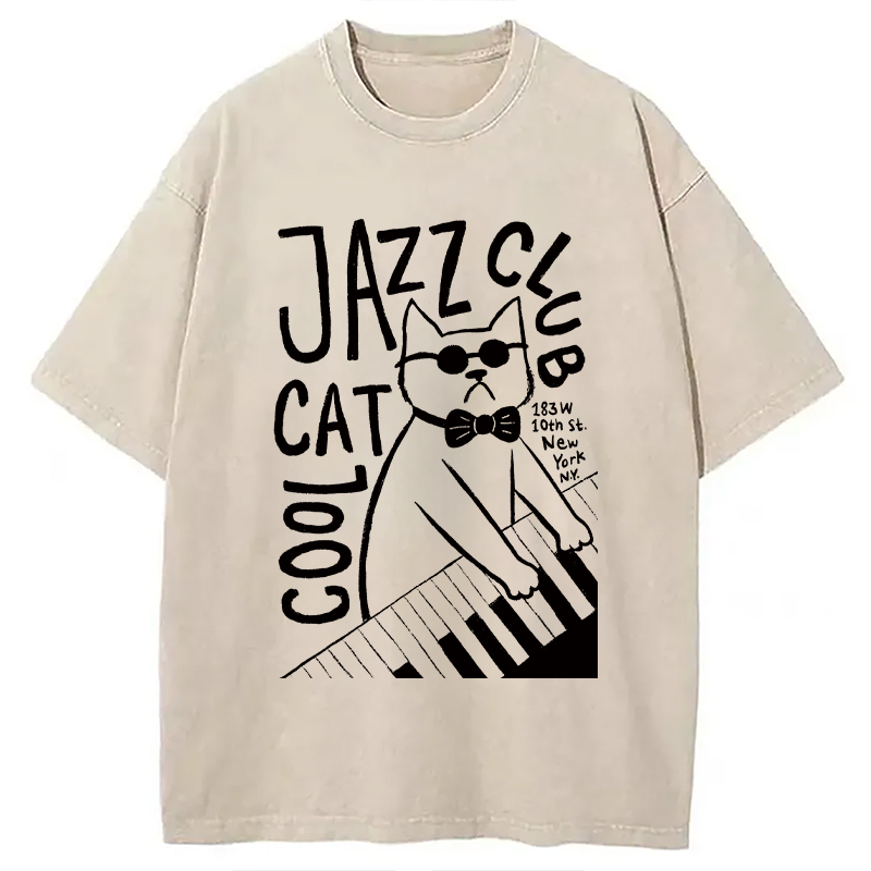 Jazz Cat Club Washed T-Shirt Trendy Everyday Casual Outfit Gifts For BFF