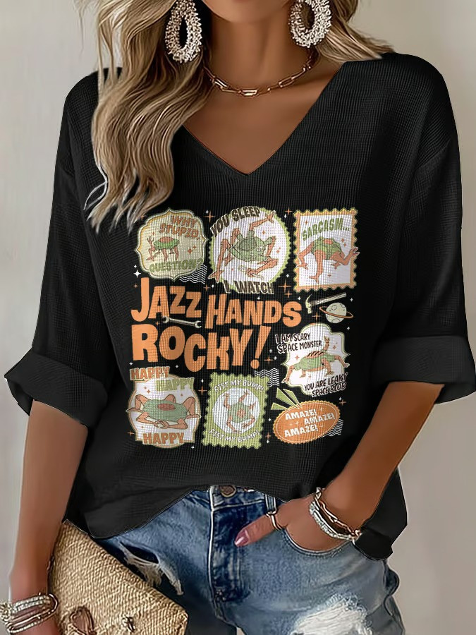 Jazz Hands Rocky V-Neck Long Sleeve Shirt Project Hail Movie Eridian Space Humor Gift For Fans