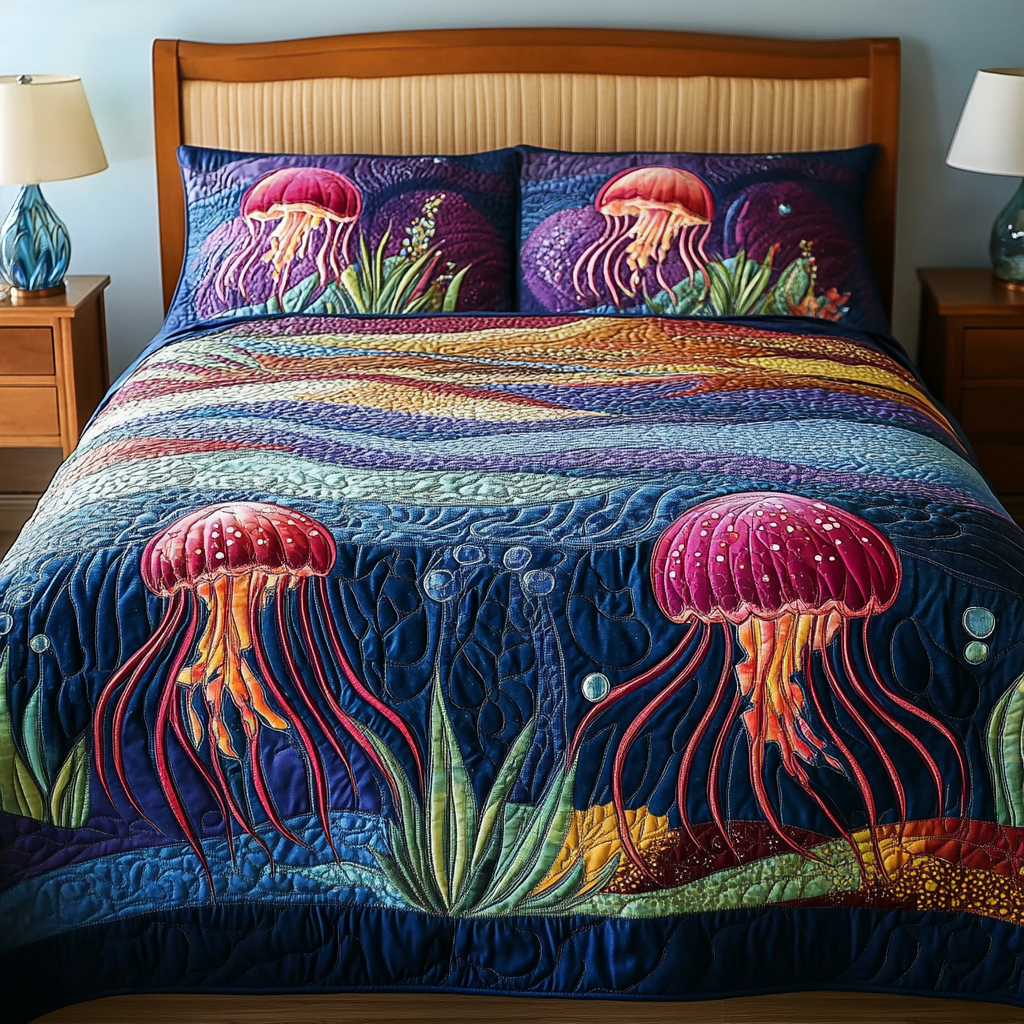 Jelly Art Quilted Bedding Set Bed Room Decoration Cute Jellyfish Gifts