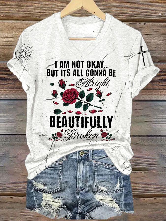 Jelly Roll Beautifully Broken Roses Women's V-Neck Shirt I'm Not Okay Tour Merch Apparel
