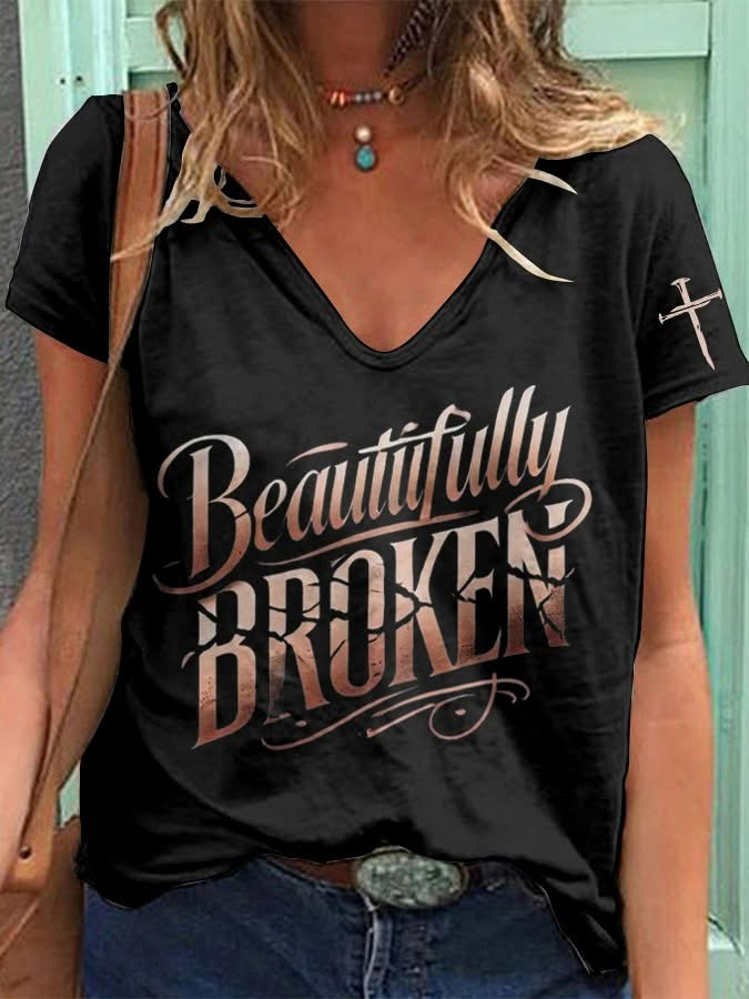 Jelly Roll Beautifully Broken Women's V-Neck Shirt Jelly Roll Tour Merch Fan Gifts For Her