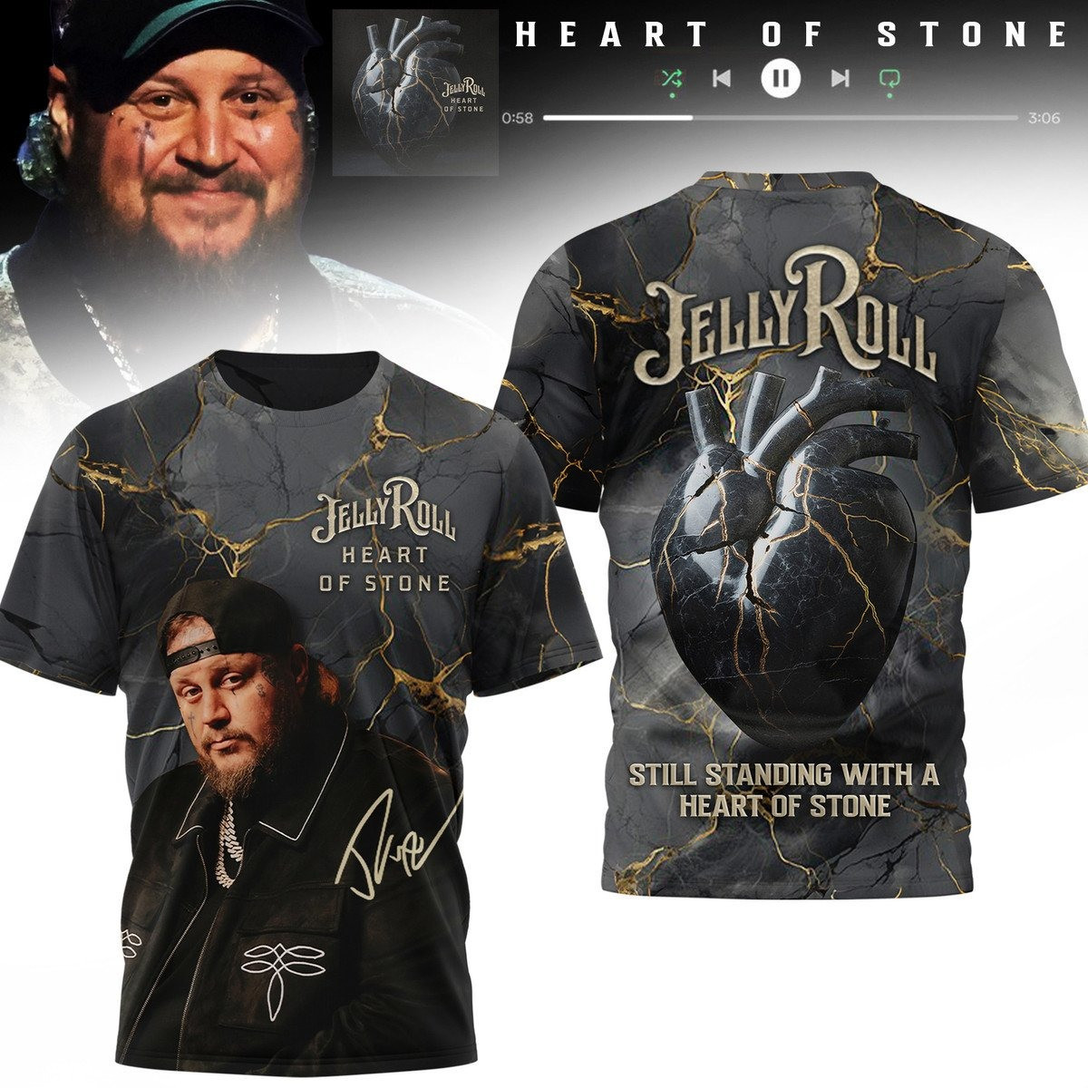 Jelly Roll Heart Of Stone Still Standing With A Heart Of Stone 3D T-Shirt Music Lovers Gifts