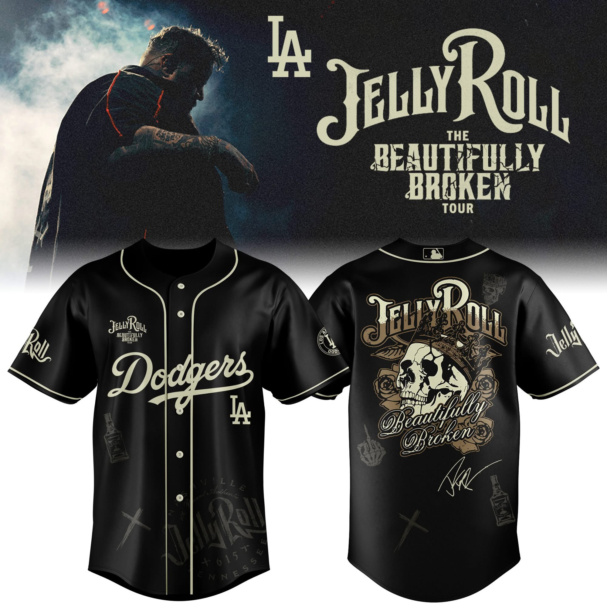 Jelly Roll X Los Angeles Dodgers Jersey The Beautifully Broken Tour Merch Fan Gifts