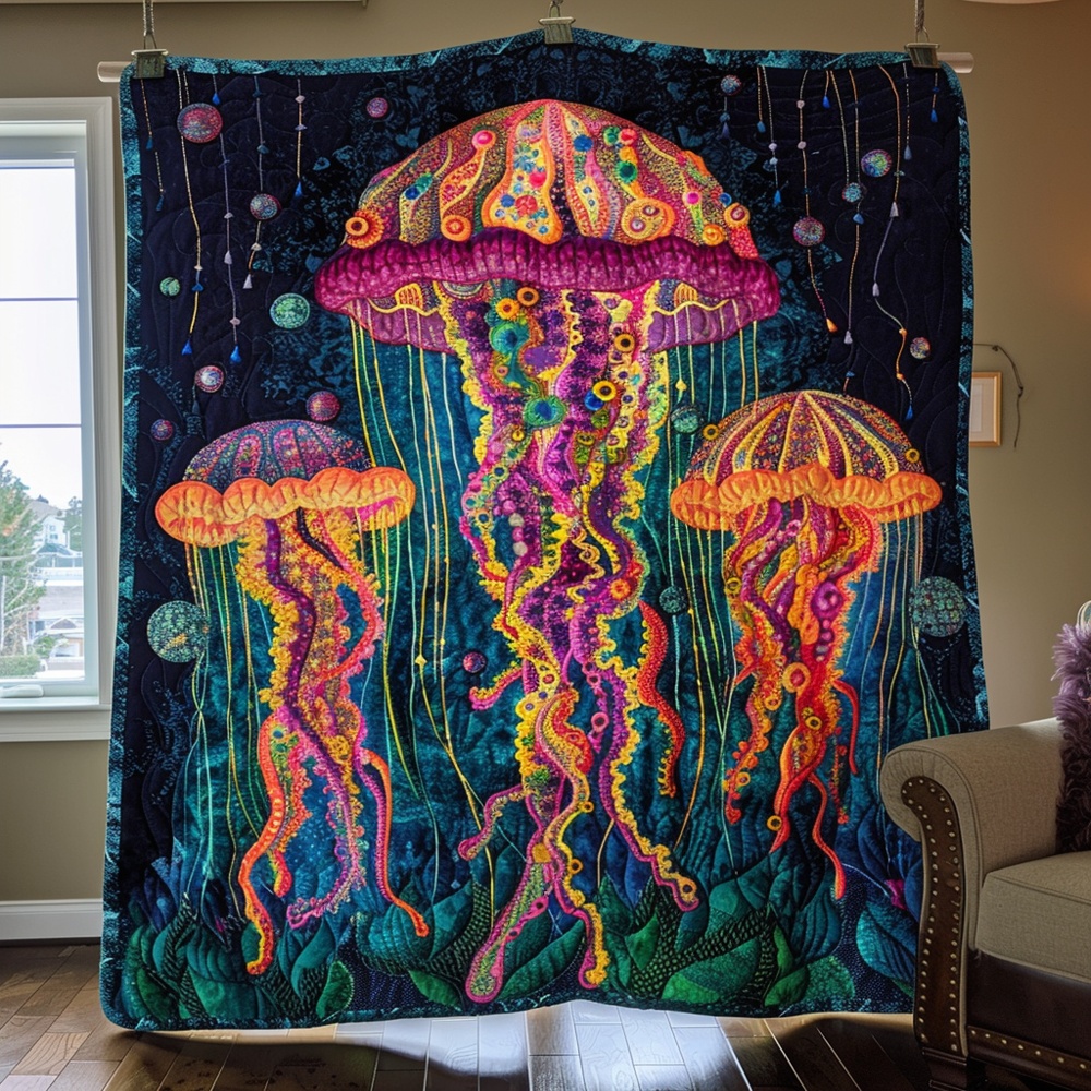 Jellyfish Quilted Blanket Colorful Ocean Art Cozy Bedding Warm Throw Best Gift For Sea Lovers
