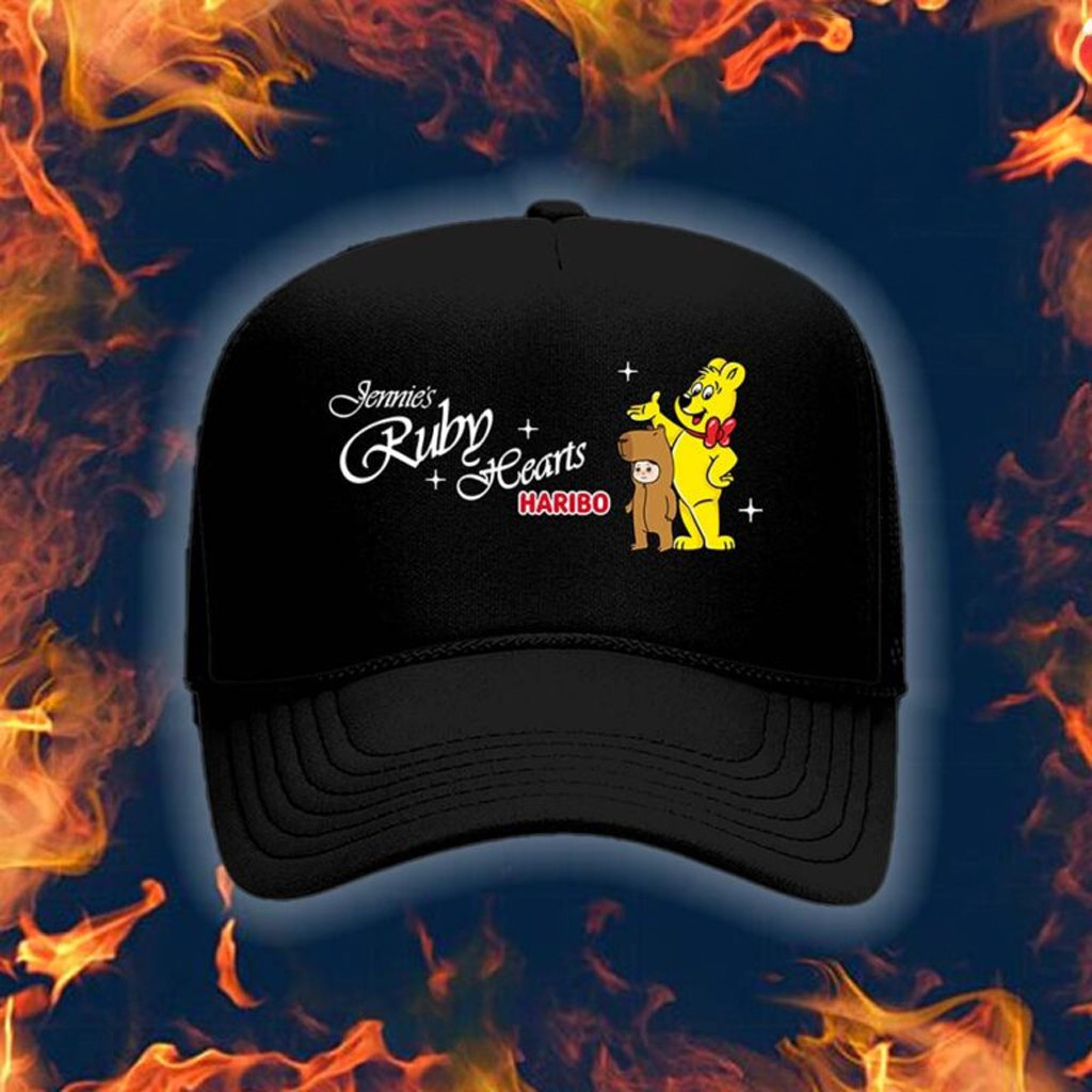 Jennie x Haribo Merch Ruby Hearts Black Trucker Hat Birthday Gift Ideas For Him