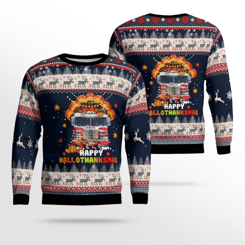 Jersey City Fire Department Happy Hallothanksmas Christmas AOP Ugly Sweater Xmas Unisex Sweater Christmas Gifts For Men Women