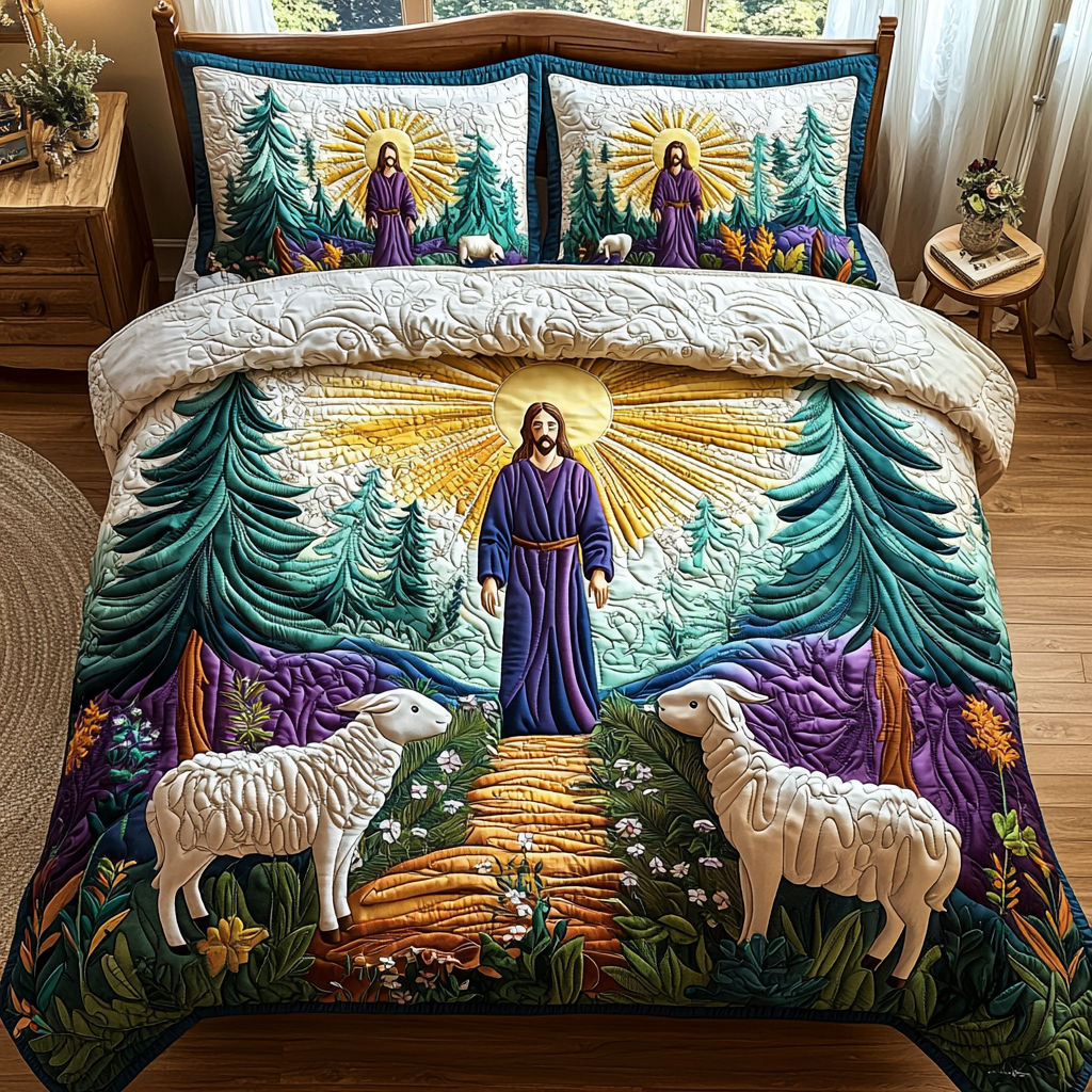 Jesus Among Forest Quilted Bedding Set Duvet Cover Bed Sheet Set Christian Gifts For Women