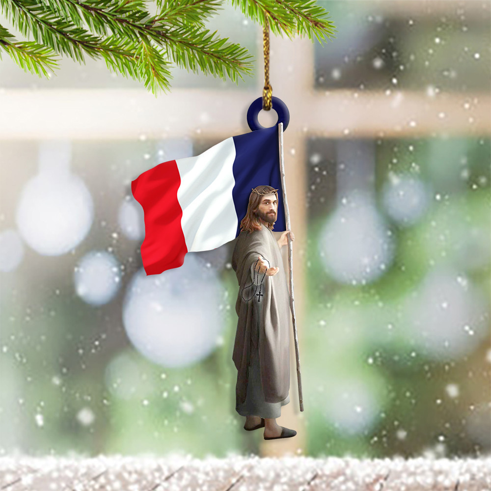 Jesus And France Flag Ornament Christian God Bless French Christmas Ornament Decorating