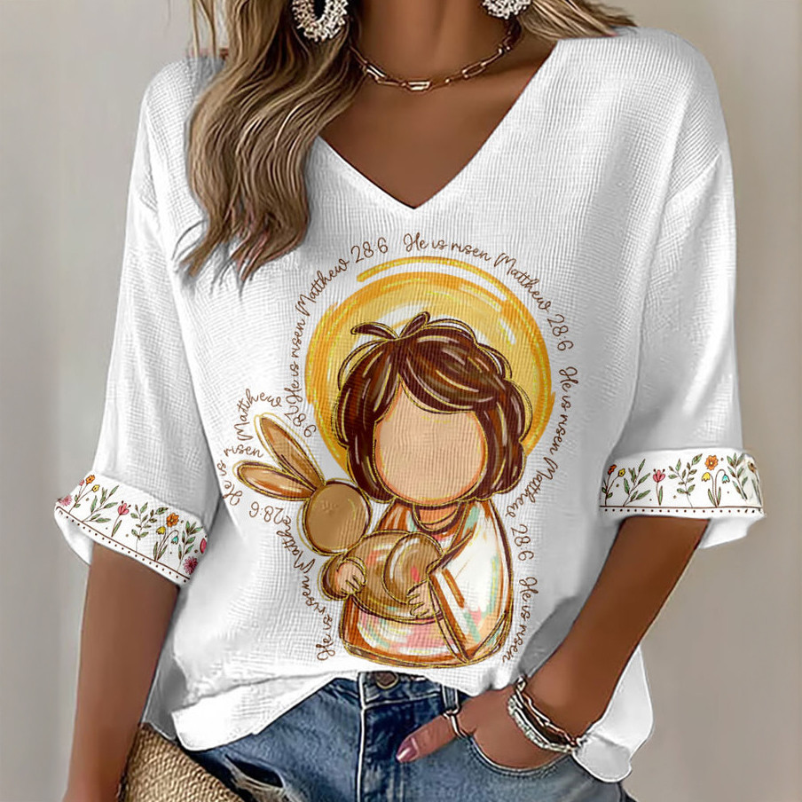 Jesus And Rabbit Graphic V-Neck Long Sleeve Shirt God Is Good Clothing Christian Gift For Mom
