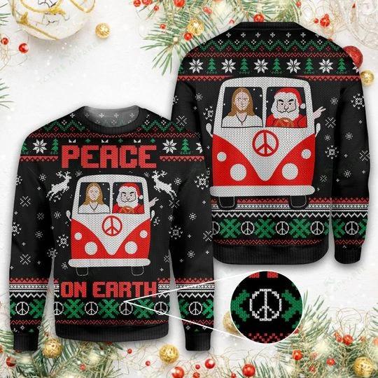 Jesus And Santa Peace On Earth Ugly Christmas Sweater Hippie Van Jumper Peace Xmas Gifts