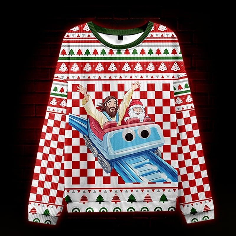 Jesus And Santa Roller Coaster Ugly Christmas Sweater Funny Jesus Xmas Gifts For Catholic