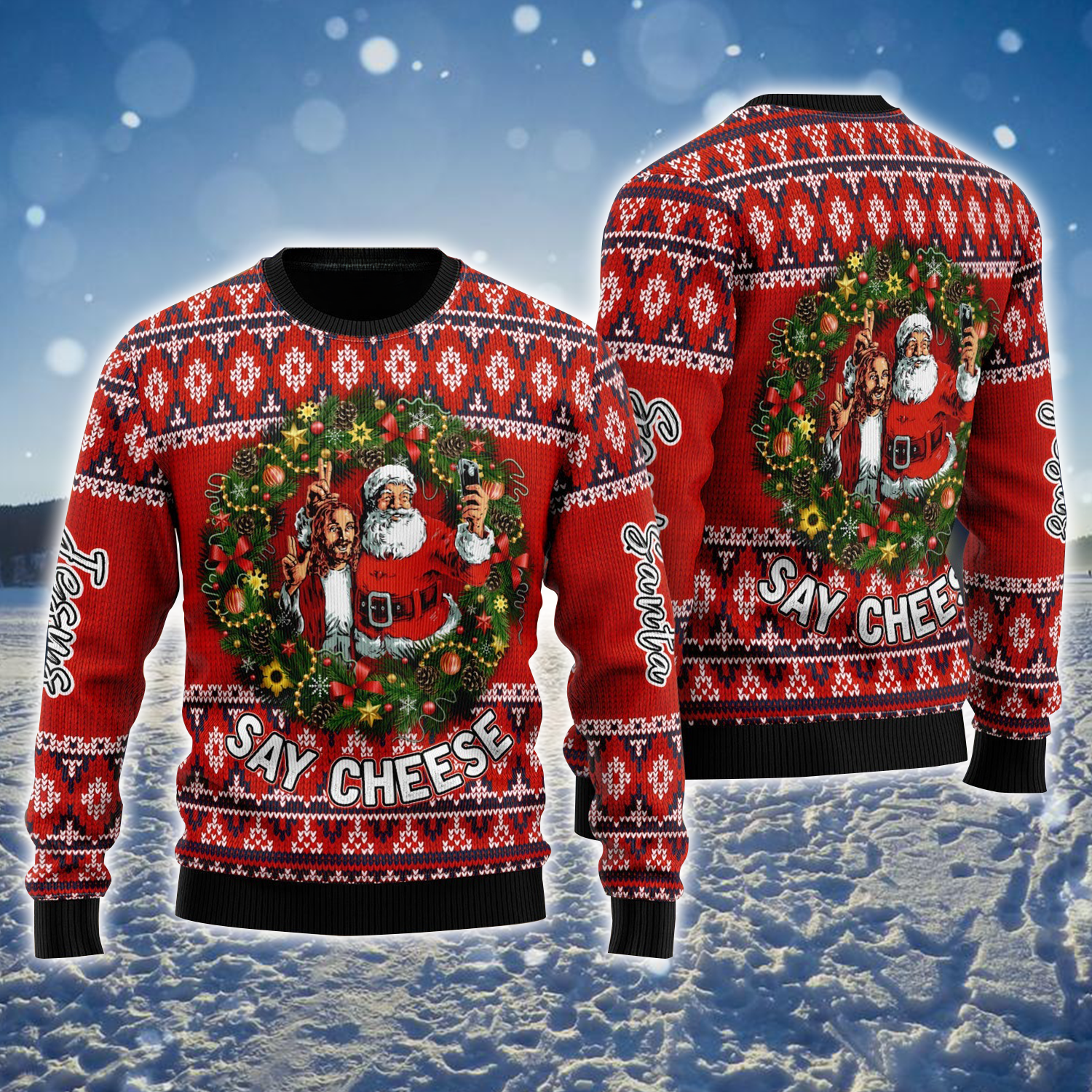 Jesus And Santa Wreath Say Cheese Ugly Holiday Jumper Funny Sweaters Christian Gifts For Xmas