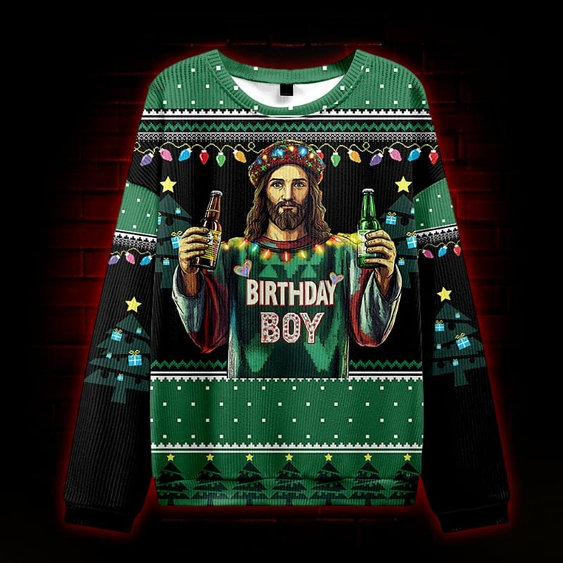 Jesus Birthday Boy With Beer Ugly Christmas Sweatshirt Funny Xmas Gifts For Christians