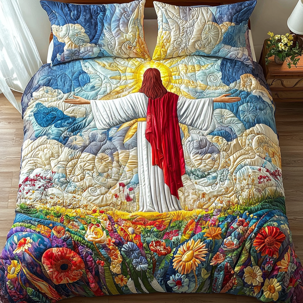 Jesus Blessing All Quilted Bedding Set Cute Room Decor Christian Gifts For Christmas
