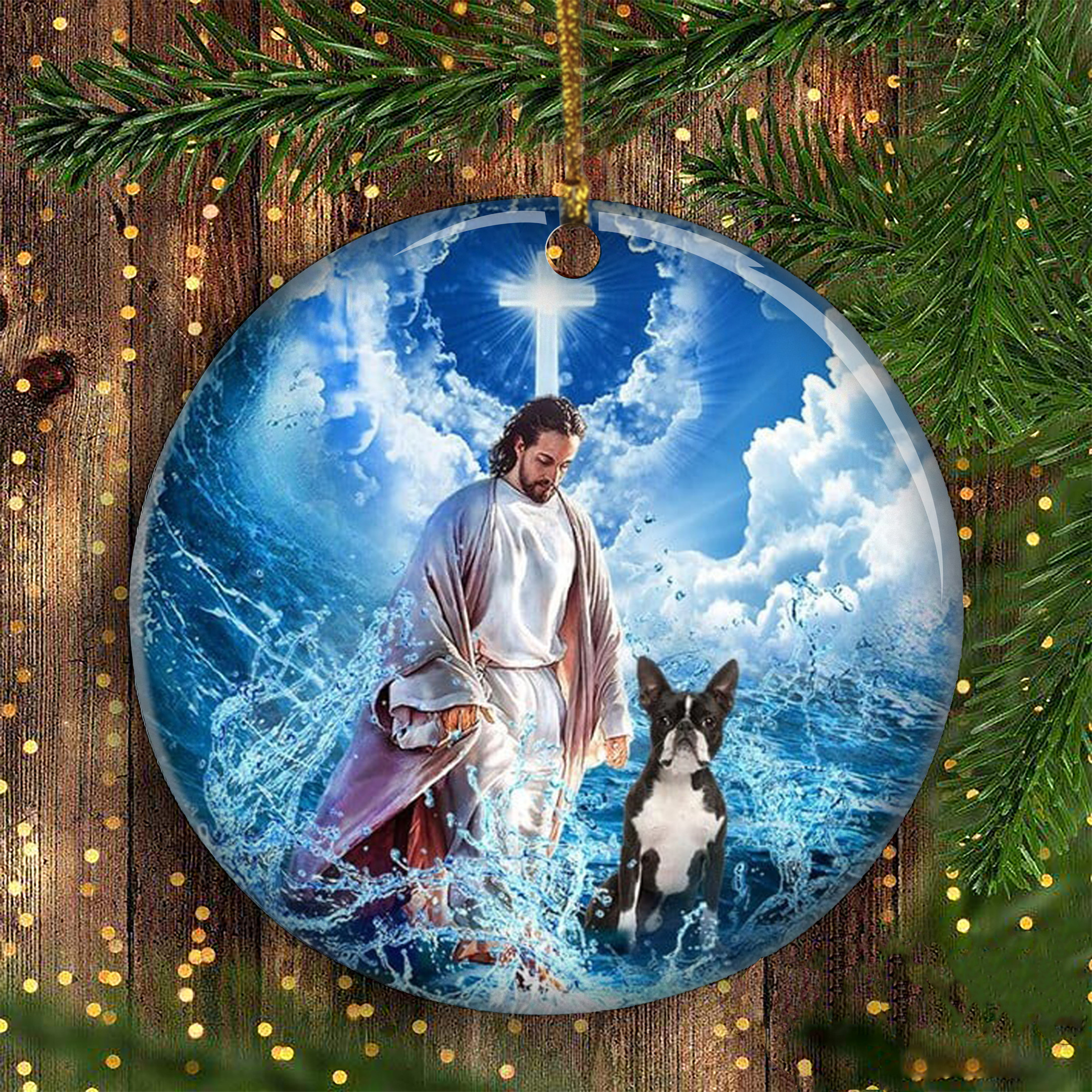 Jesus Boston Terrier Christmas Ornament 2024 Jesus Walking On The Beach With Boston Terrier