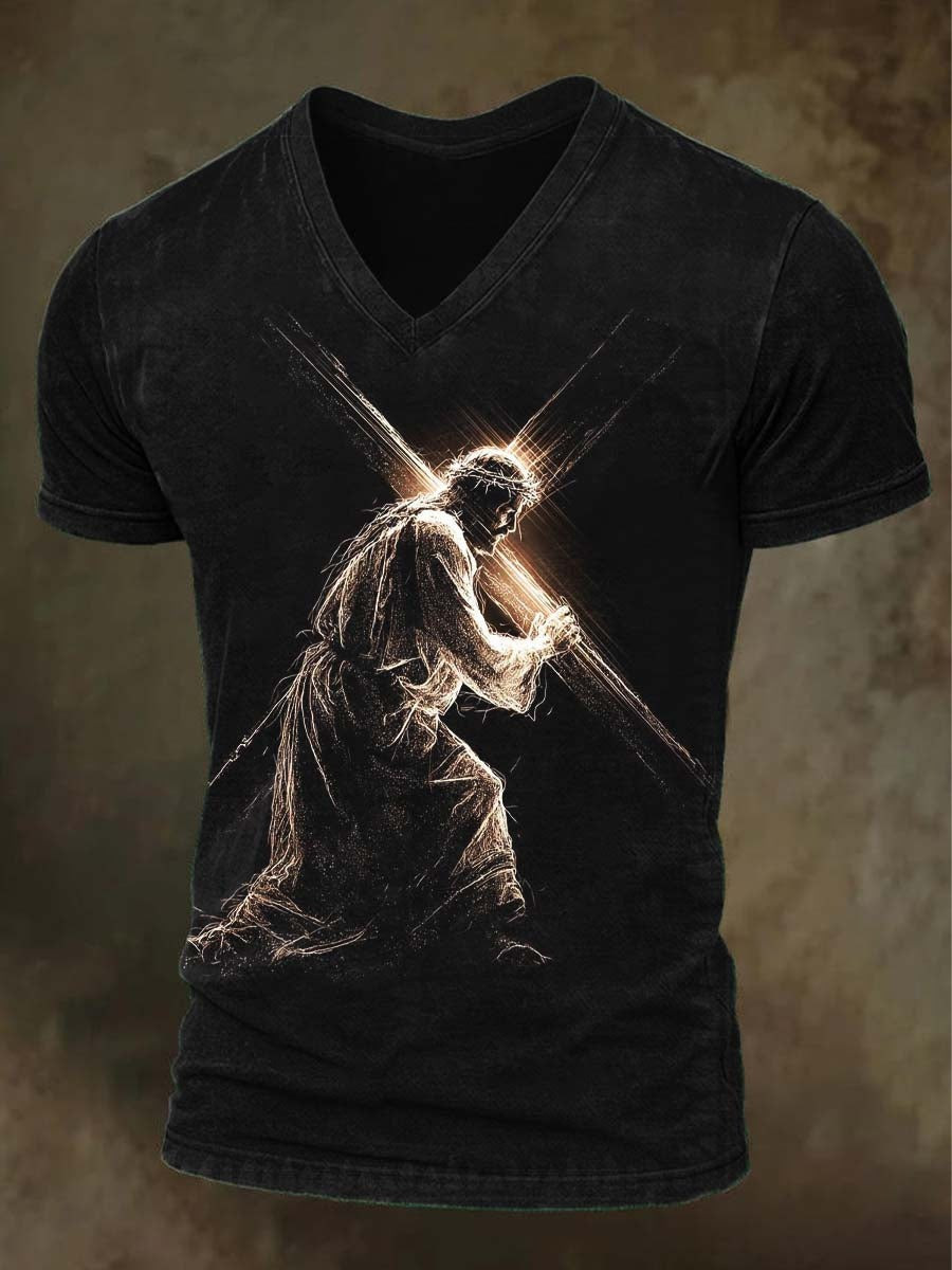 Jesus Carrying Cross V-Neck Shirt Christian Faith Tee Religious Present Ideas