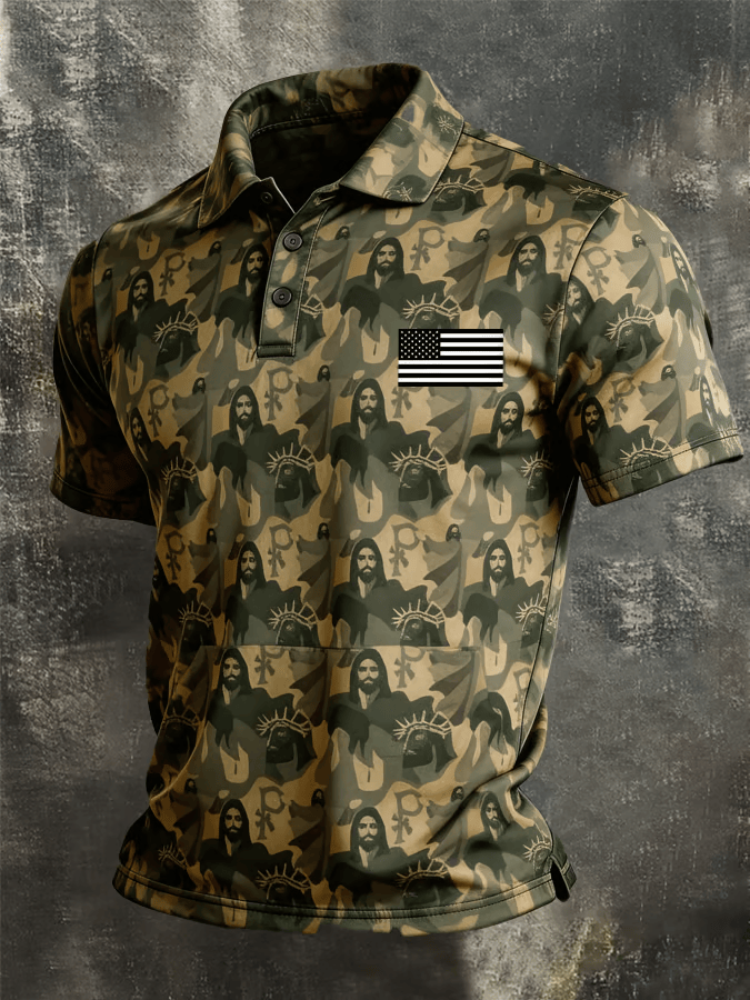 Jesus Christ USA Camo Golf Polo Shirt Mens Golf Outfit Best Golf Gifts For Men