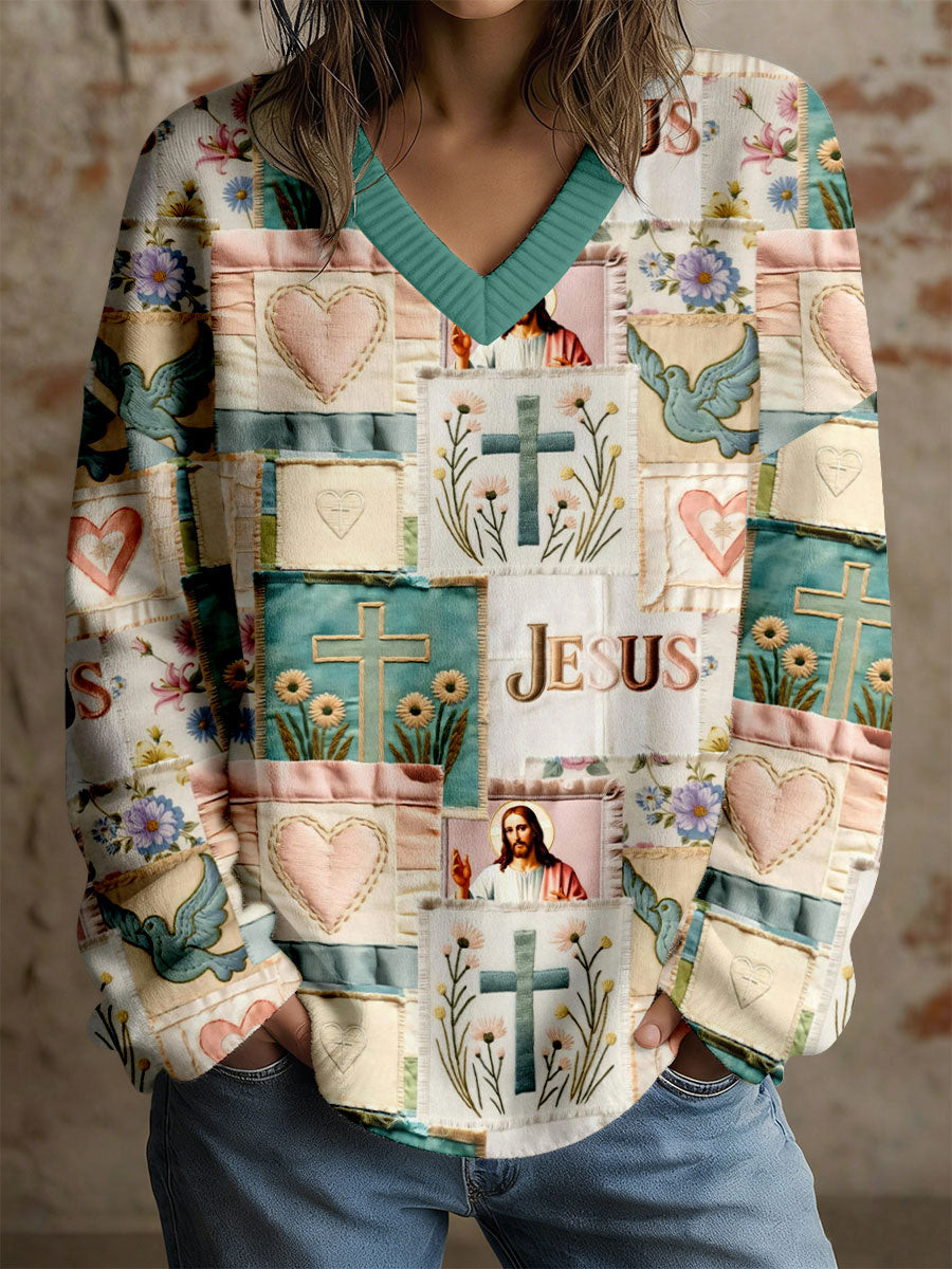 Jesus Christian Patchwork V Neck Long Sleeve Shirt Floral Cross Faith clothes Gift For Women