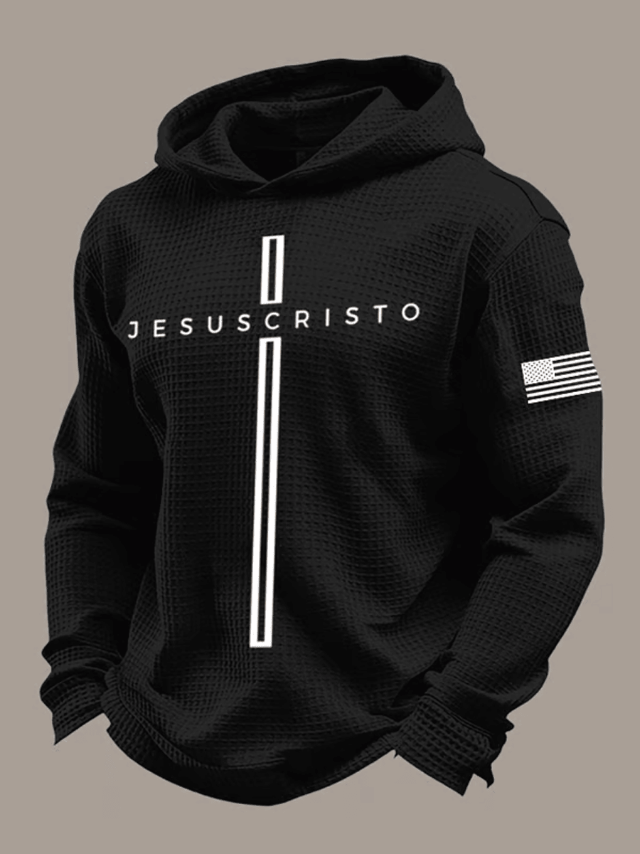 Jesus Cristo Cross Waffle Hoodie USA Flag Faith Pullover Men's Christian Faith Gift