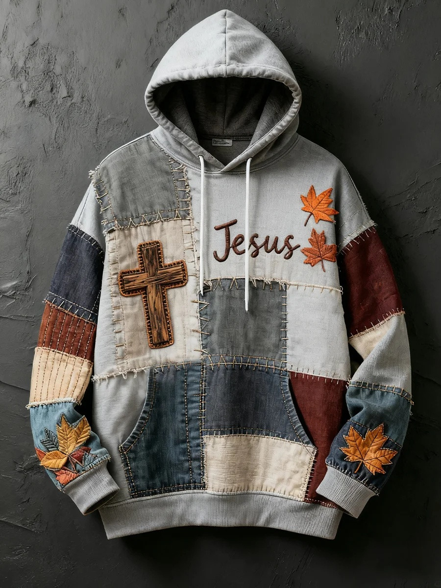 Jesus Cross Autumn Leaf Patchwork Oversized Hoodie Men Christian Apparel Best Gift Ideas