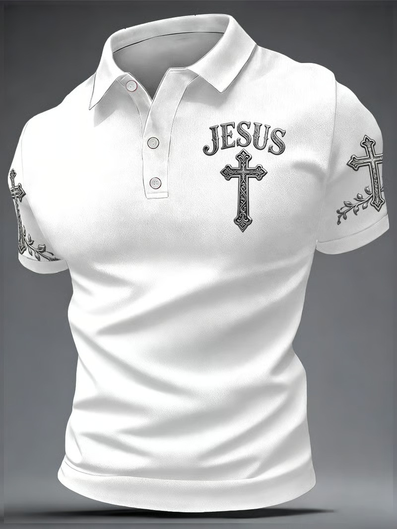 Jesus Cross Polo Shirt Christian Faith Top Elegant Cross Sleeve Streetwear Best Gift For Believers