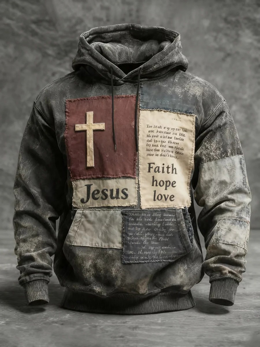 Jesus Faith Hope Love Patchwork Hoodie Men Christian Apparel Graphic Hoodies Gift Ideas