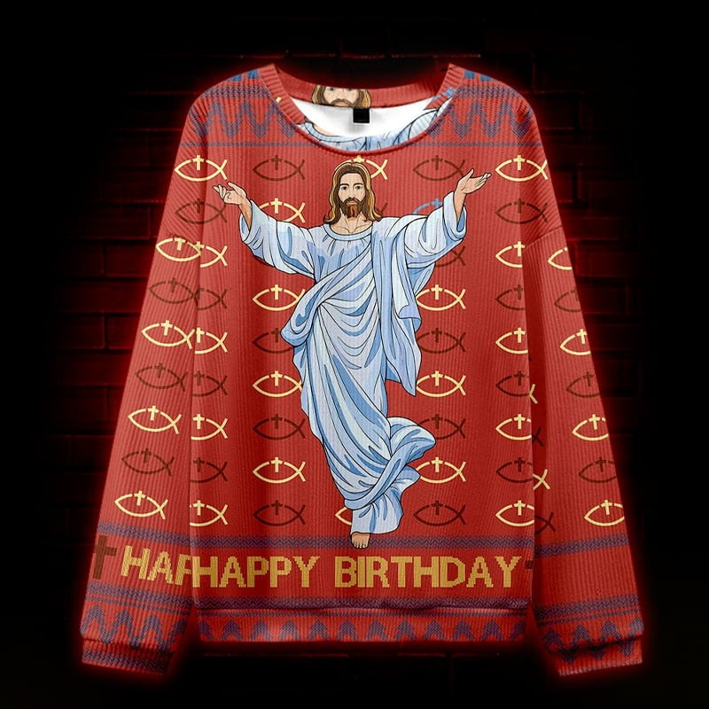 Jesus Fish Happy Birthday Ugly Christmas Sweater Funny Jesus Xmas Apparel Gifts For Him