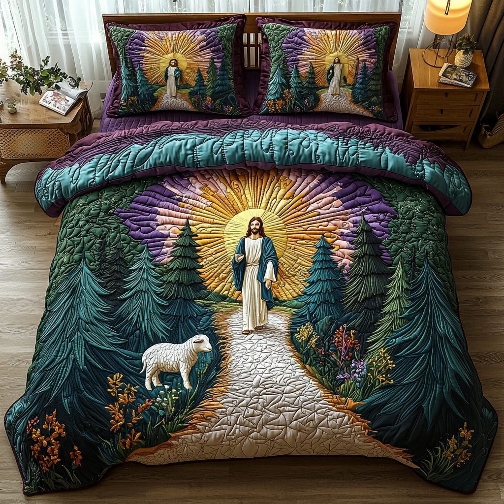 Jesus Found the Lost Sheep Quilted Bedding Set Aesthetic Room Decor Religious Christmas Gifts