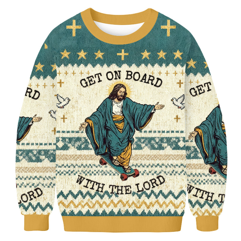 Jesus Get On Board With The Lord Ugly Sweater Holiday Clothing Xmas Gifts For Christians
