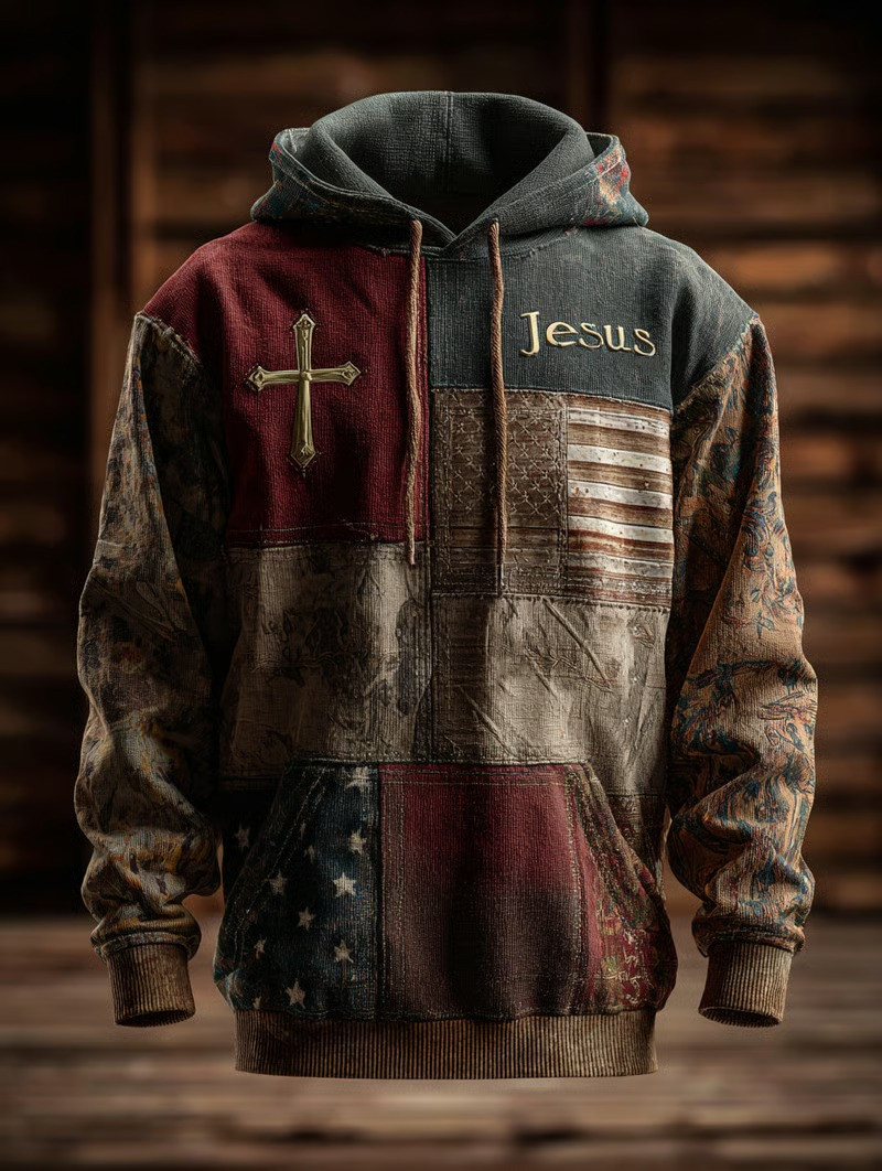 Jesus Gold Cross Hoodie Christian Faith American Flag Patriotic Apparel Best Gift For Believers