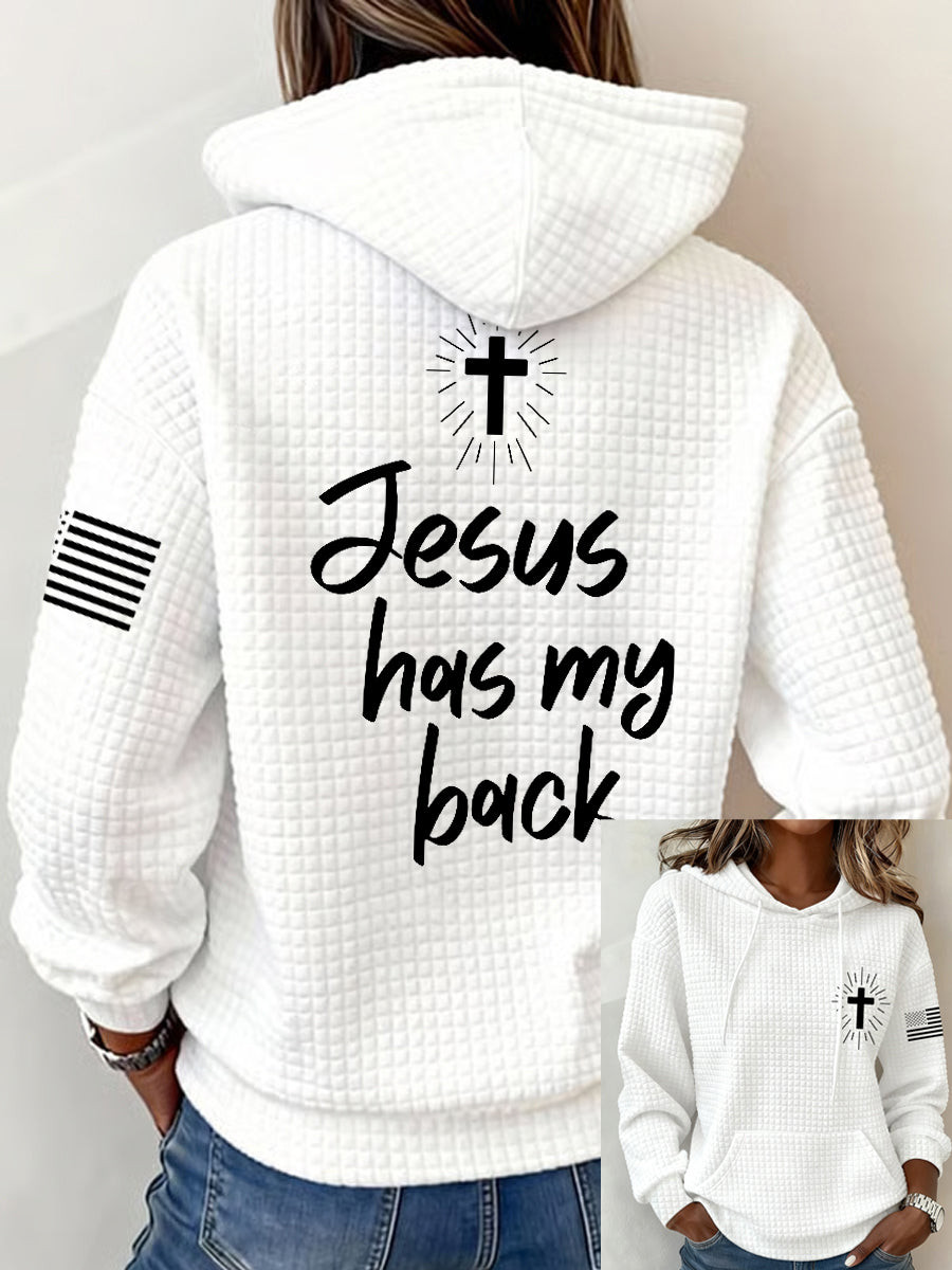 Jesus Has My Back Waffle Hoodie USA Flag Cross Christian Clothes Gift For Believer
