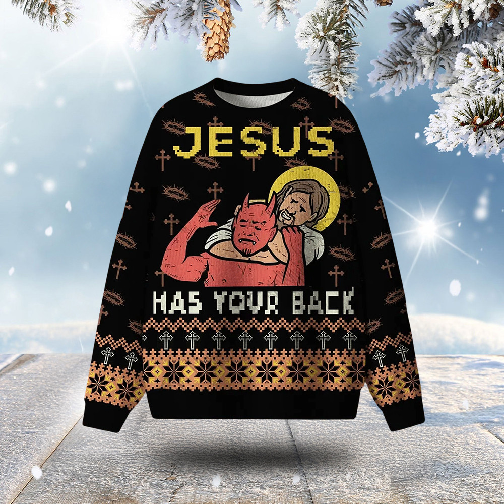 Jesus Has Your Back Ugly Christmas Sweater Christian Themed Xmas Gifts For Him